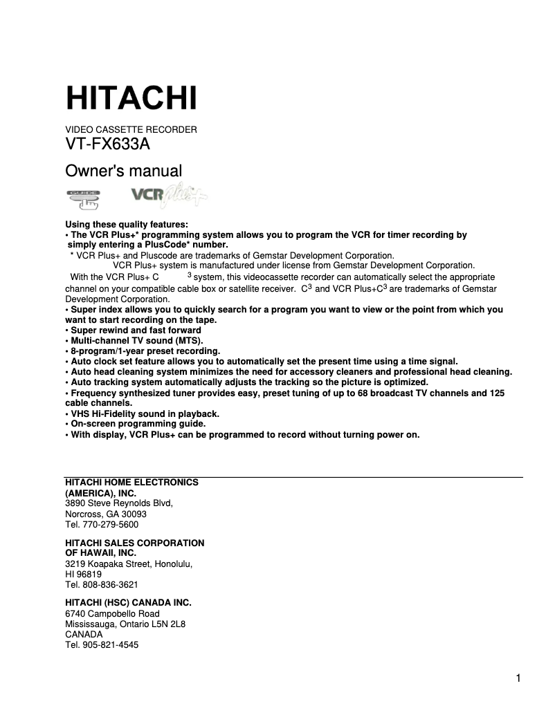Page 1 de la notice Manuel utilisateur Hitachi VT-FX633A