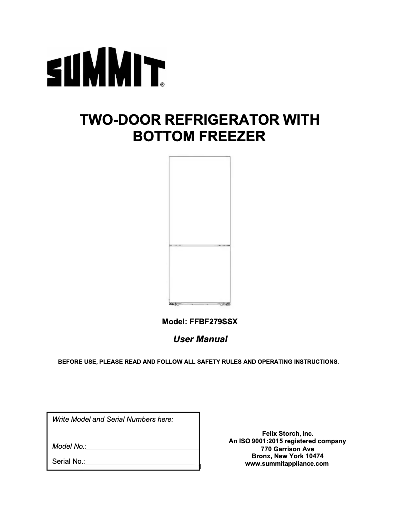 Page 1 de la notice Manuel utilisateur Summit FFBF279SSX