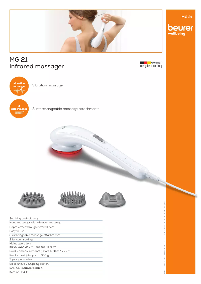 Page 1 de la notice Fiche technique Beurer MG 21