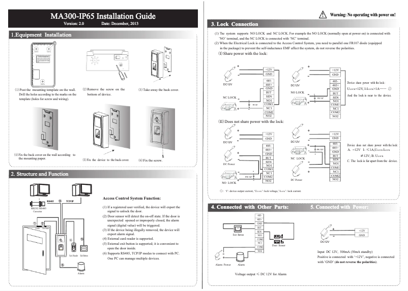 Page 1 de la notice Guide d'installation ZKTeco MA300-BT
