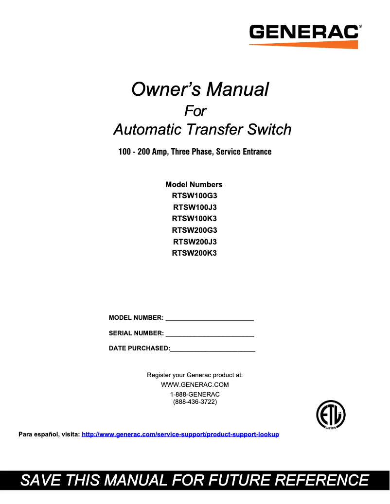 Page n°1 - Manuel utilisateur Generac RTSW200G3