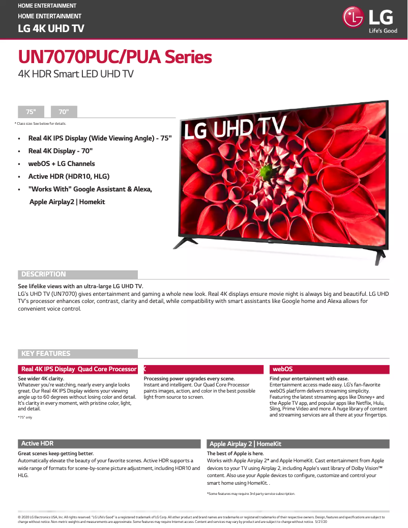 Página 1 del manual Ficha técnica LG 70UN7070PUA