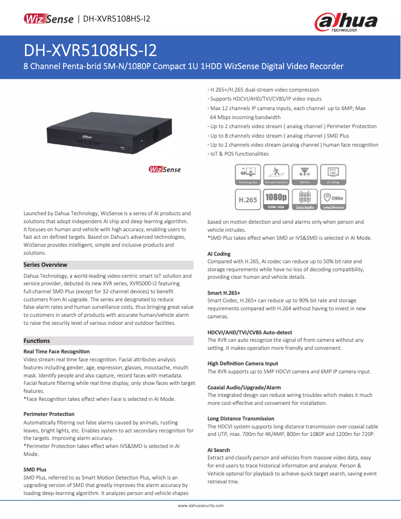Page 1 de la notice Fiche technique Dahua Technology XVR5108HS-I2