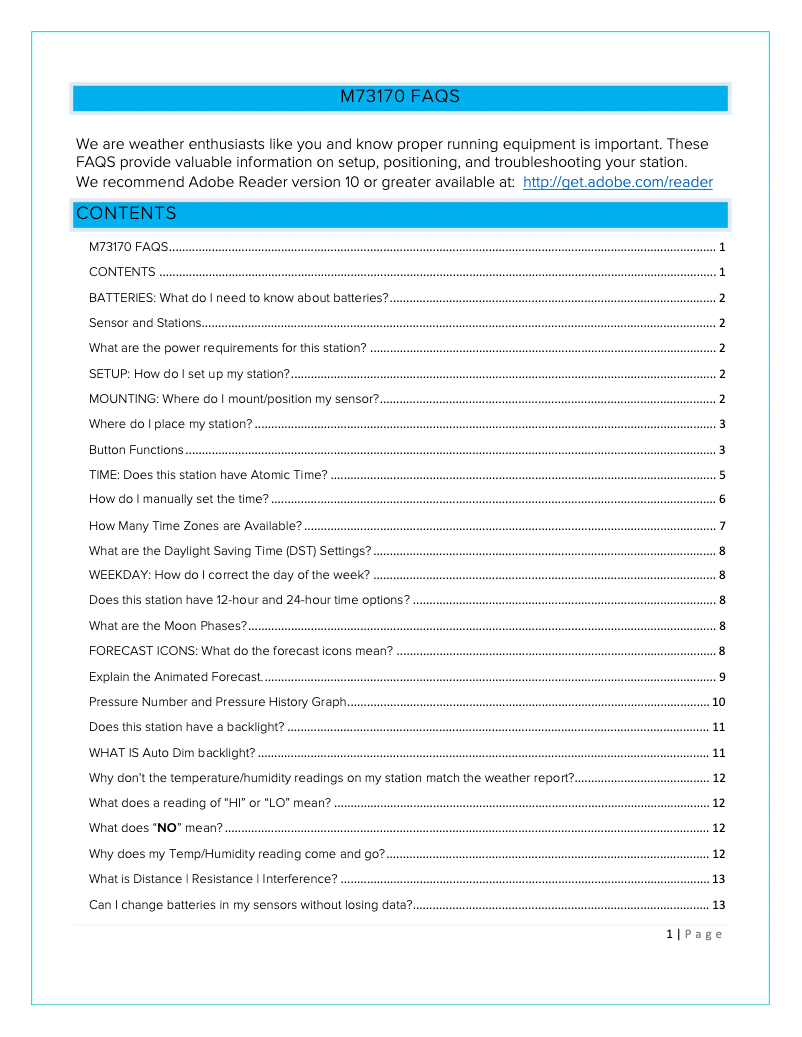 Page 1 of the manual FAQ La Crosse Technology M73170