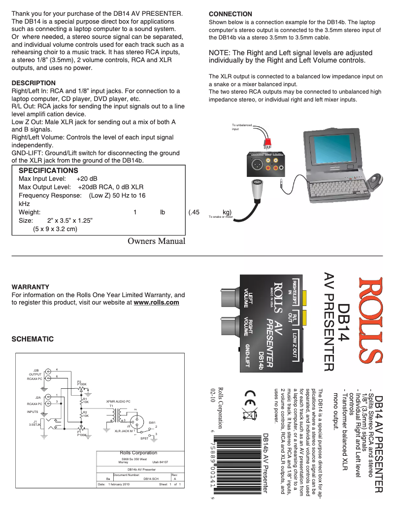 Page n°1 - Manuel utilisateur Rolls DB14b