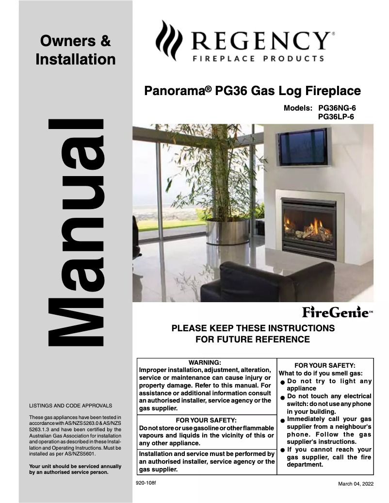 Page n°1 - Manuel utilisateur Regency Panorama PG36NG-6