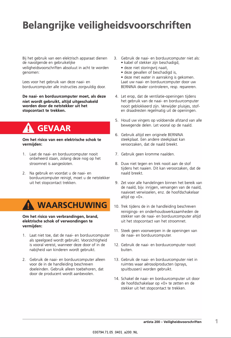 Page n°1 - Manuel utilisateur Bernina Artista 200