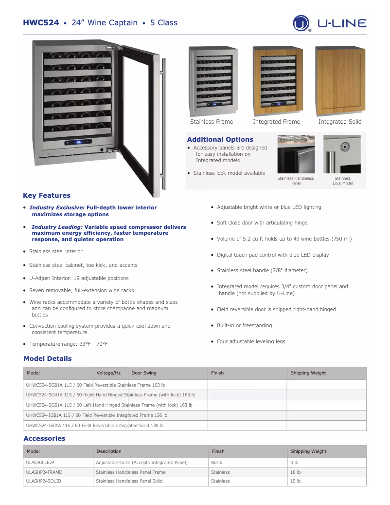 Page 1 de la notice Fiche technique U-Line UHWC524-SG51A