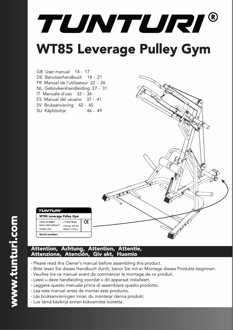 Image de la première page du manuel de l'appareil Leverage Pulley Gym WT85