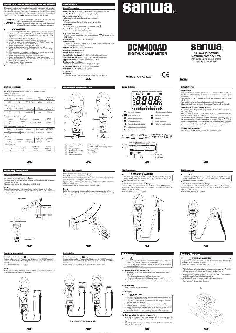 Page 1 de la notice Manuel utilisateur Sanwa DCM400AD