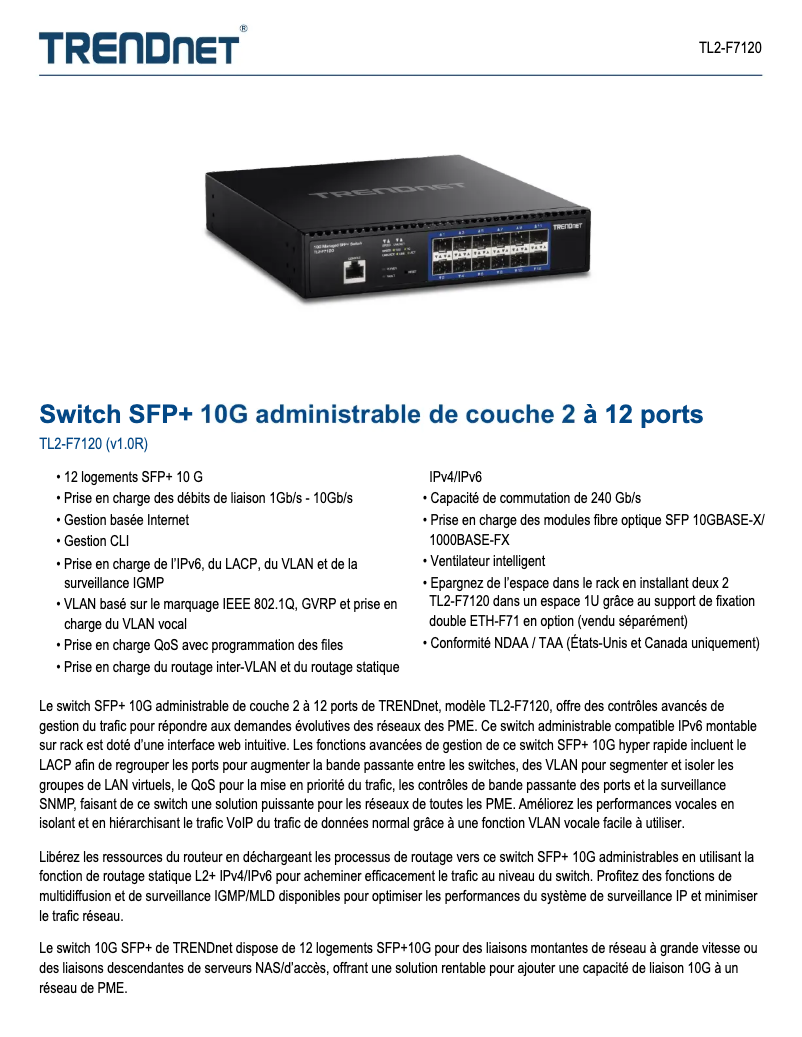 Page 1 de la notice Fiche technique TRENDnet TL2-F7120