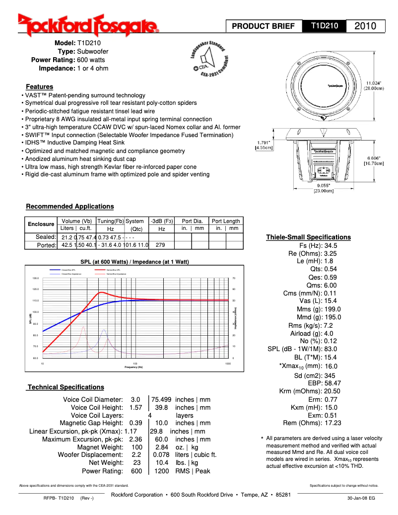 Page 1 de la notice Fiche technique Rockford Fosgate Power T1D210