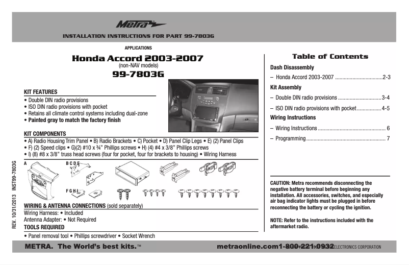 Page 1 de la notice Manuel utilisateur Metra 99-7803G