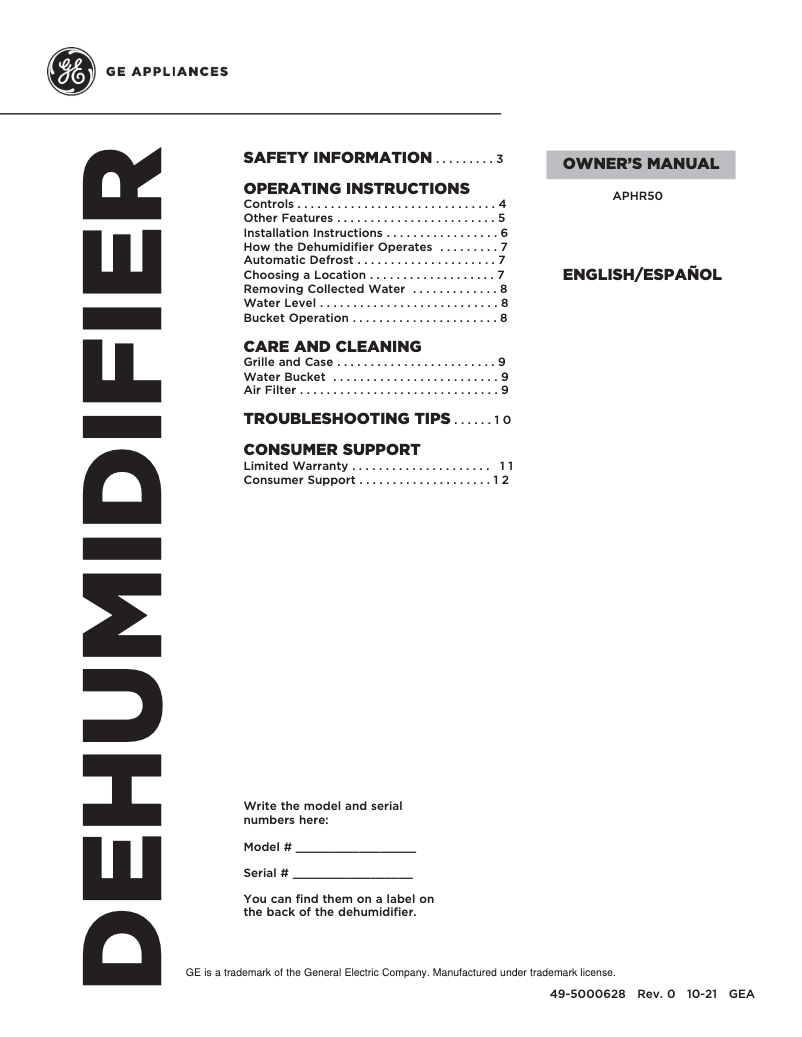 Page 1 de la notice Manuel utilisateur GE APHR50LB