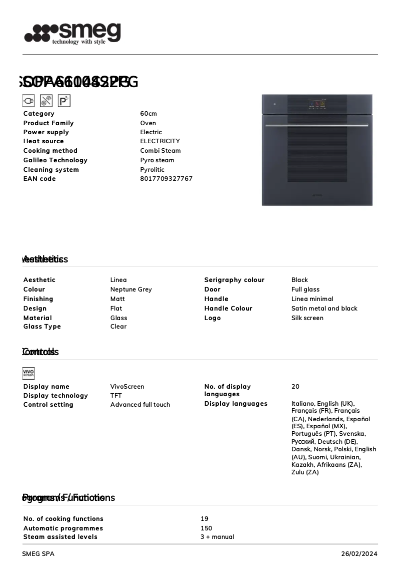 Page n°1 - Fiche technique Smeg SOPA6104S2PG