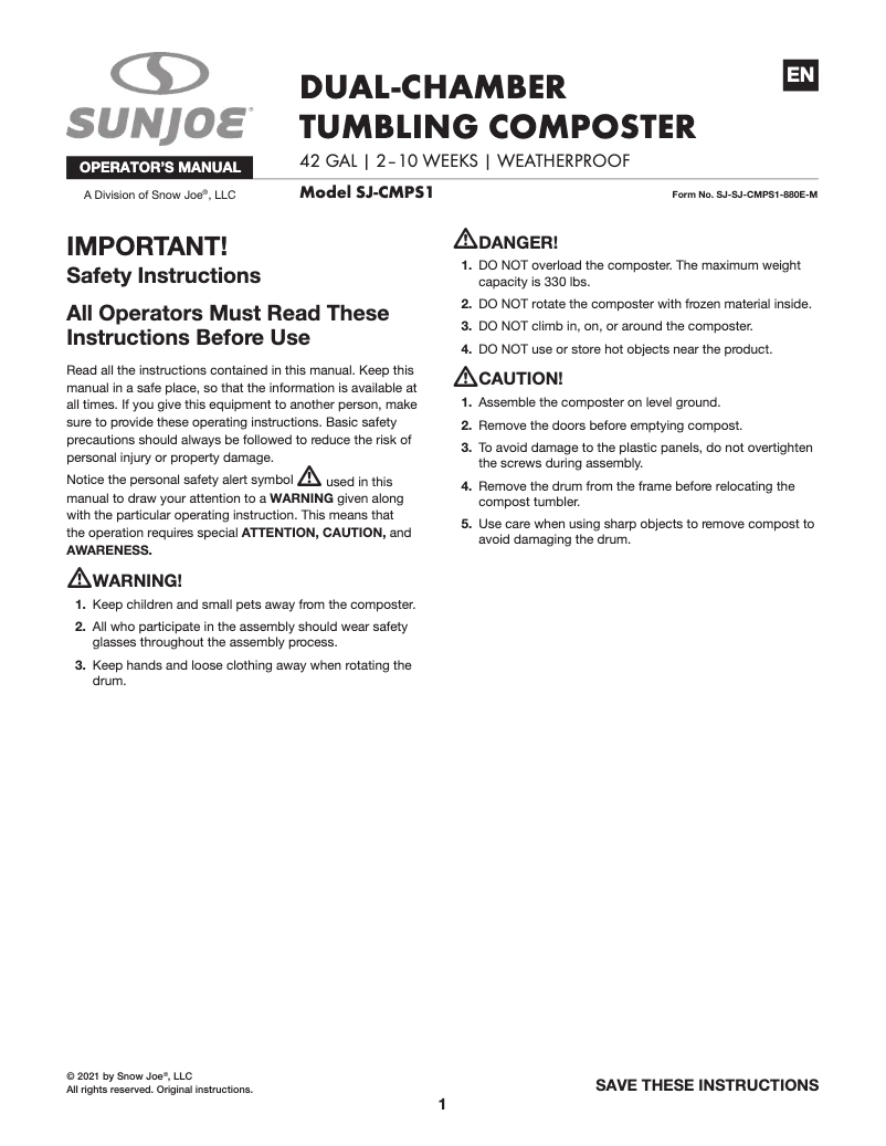 Page n°1 - Manuel utilisateur Sun Joe SJ-CMPS1