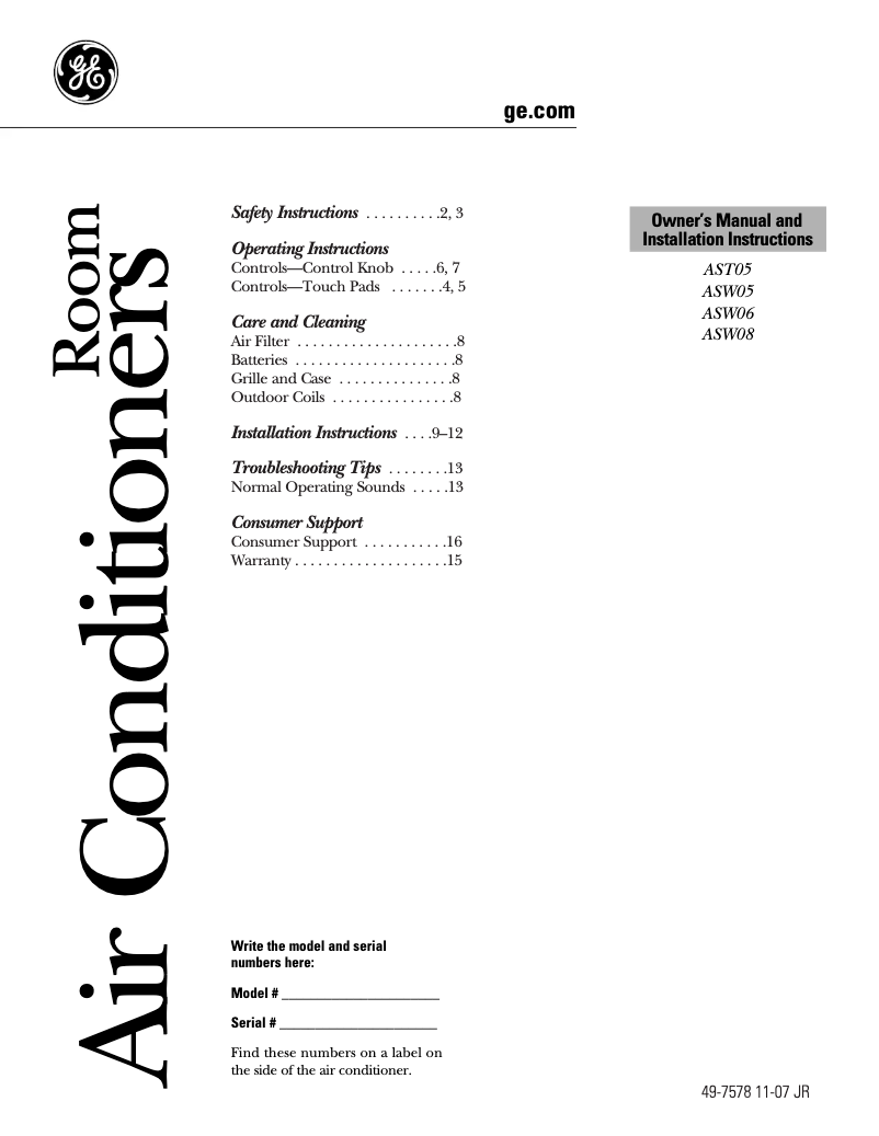 Page 1 de la notice Guide d'installation GE ASW06LL