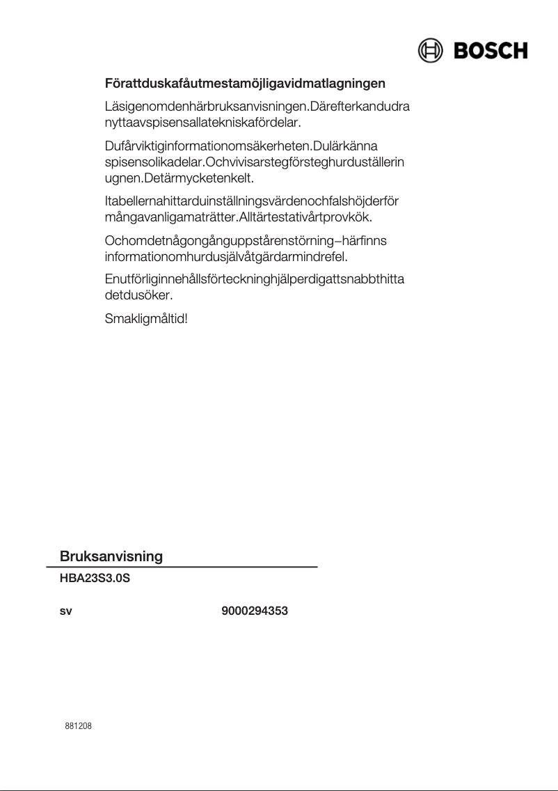 Page 1 de la notice Manuel utilisateur Bosch HBA23S350S