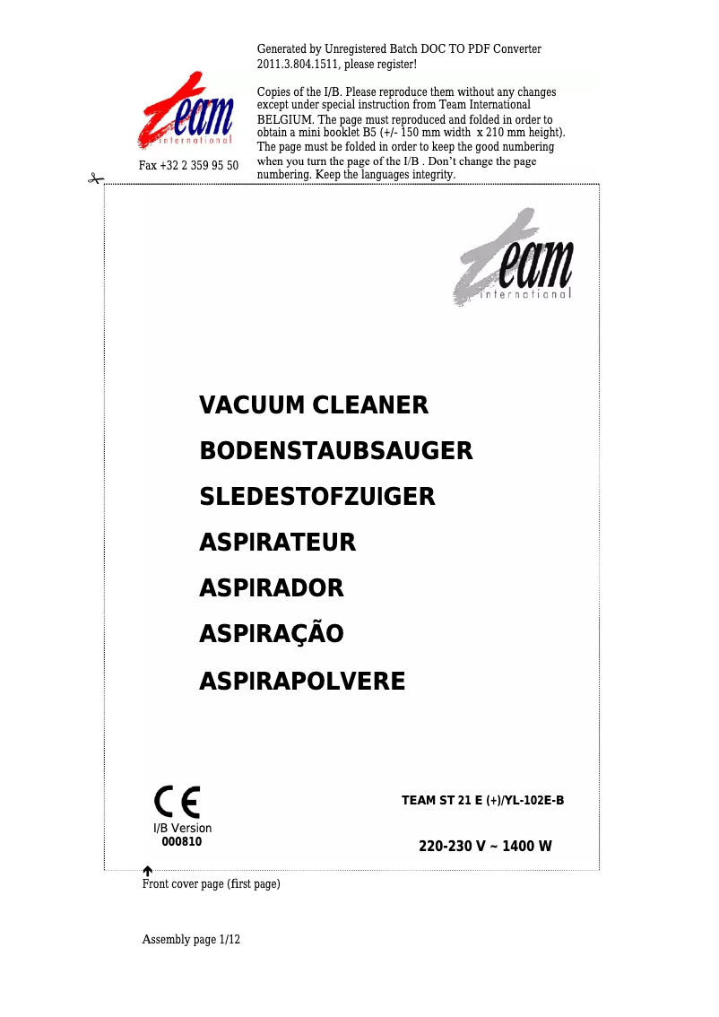 Page 1 de la notice Manuel utilisateur Team YL-102E-B