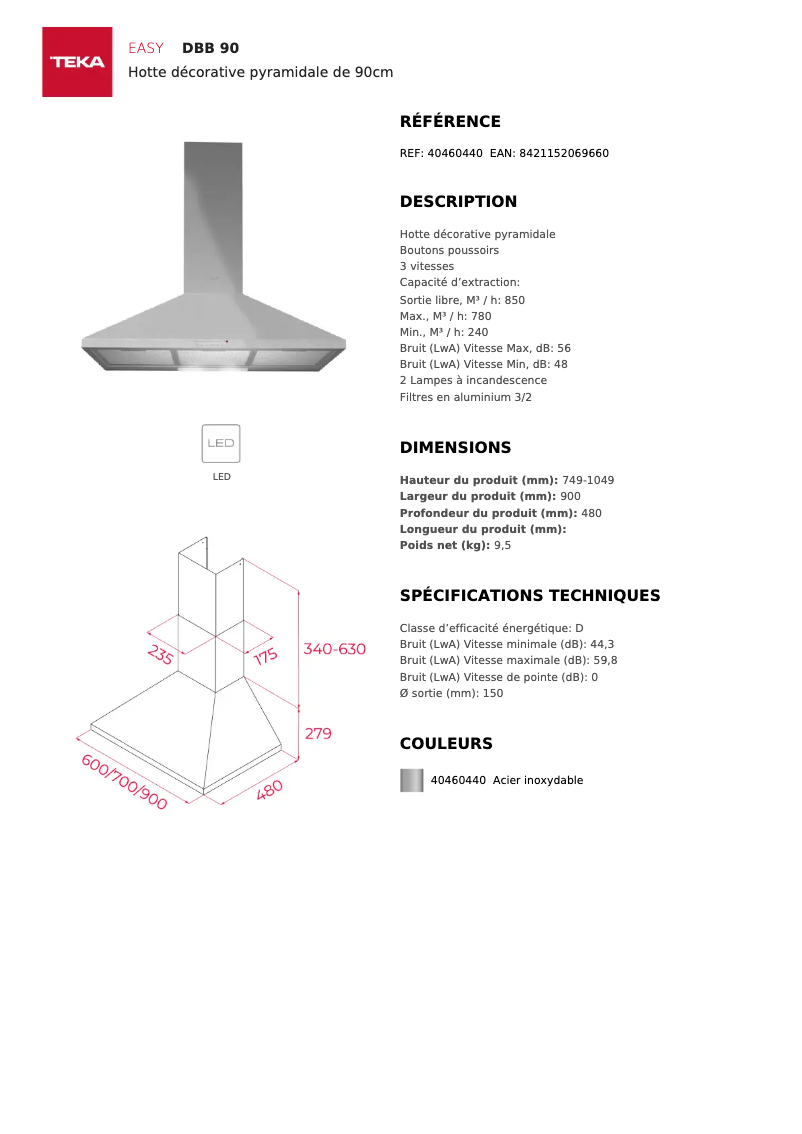 Page 1 de la notice Fiche technique Teka DBB 60