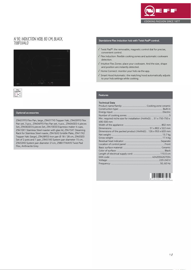 Page n°1 - Fiche technique Neff T68FUV4L0