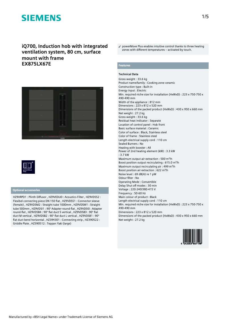Page n°1 - Fiche technique Siemens iQ700 EX875LX67E