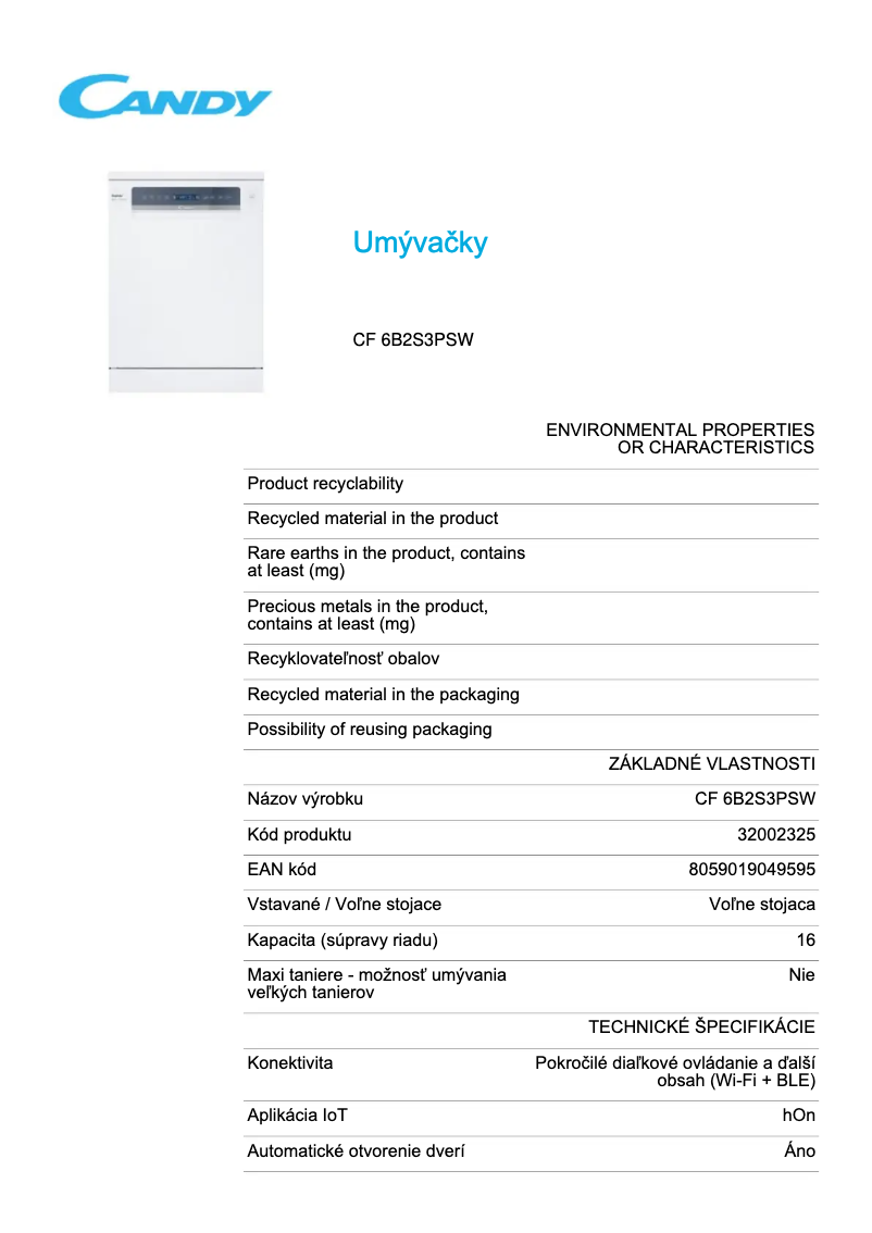 Page 1 de la notice Fiche technique Candy CF 6B2S3PSW