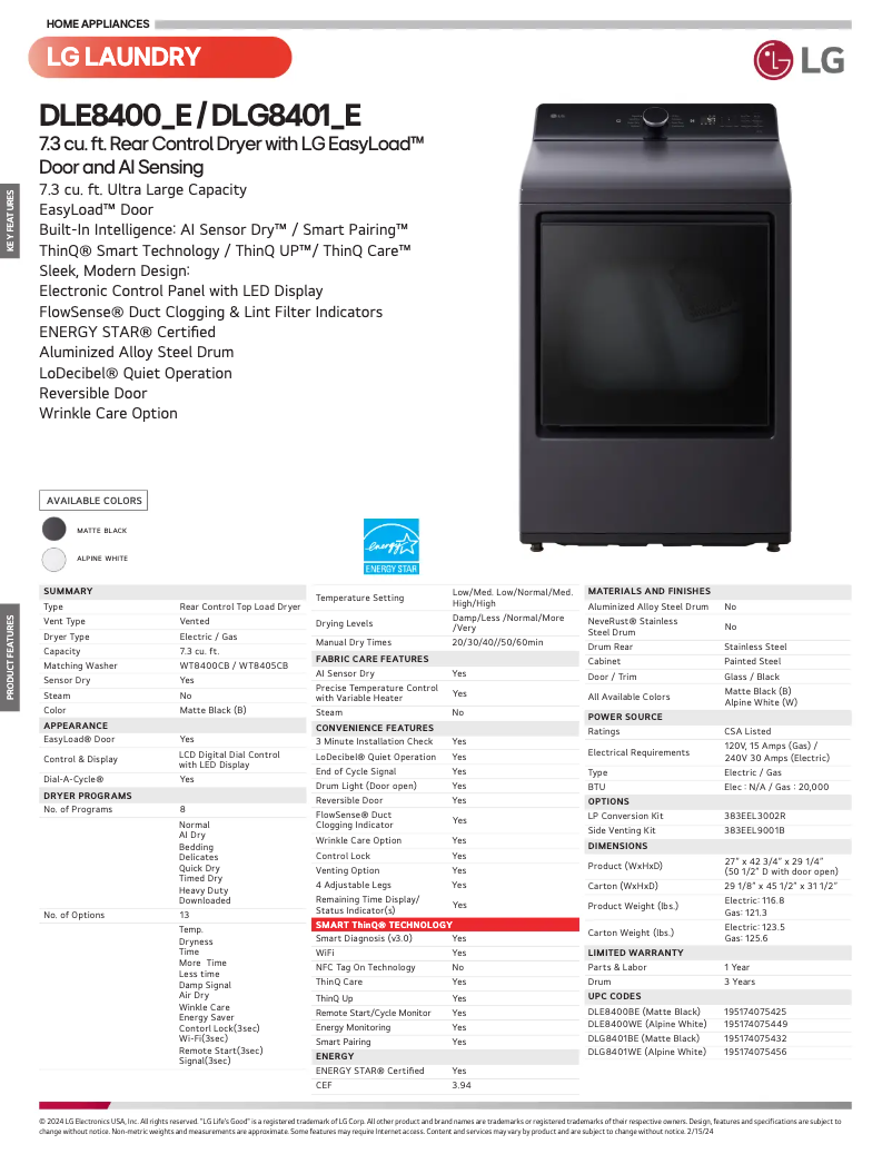 Page n°1 - Fiche technique LG DLE8400WE