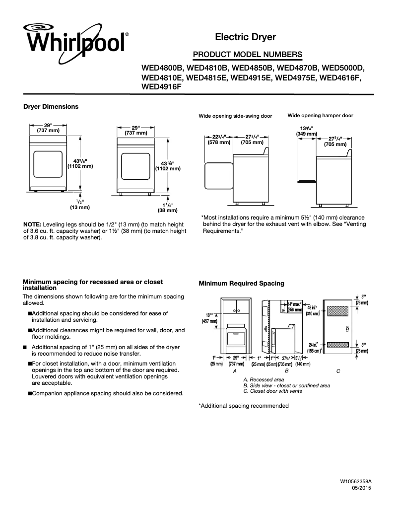 Page 1 de la notice Fiche technique Whirlpool WED5000DW