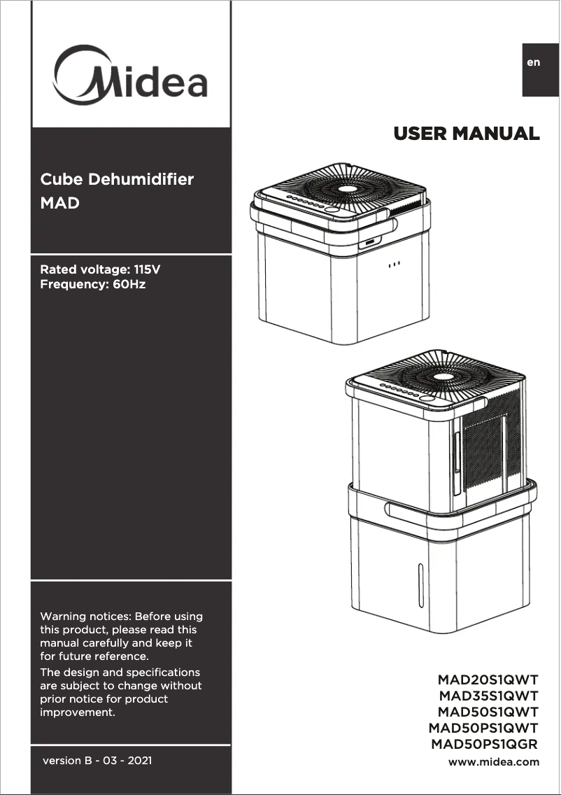 Page n°1 - Manuel d'utilisation et d'entretien Midea MAD50PS1QGR