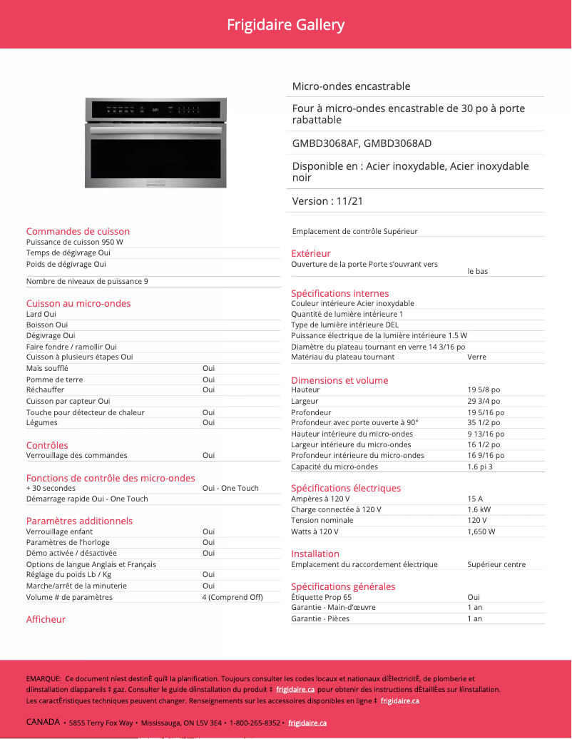 Page n°1 - Fiche technique Frigidaire GMBD3068AD