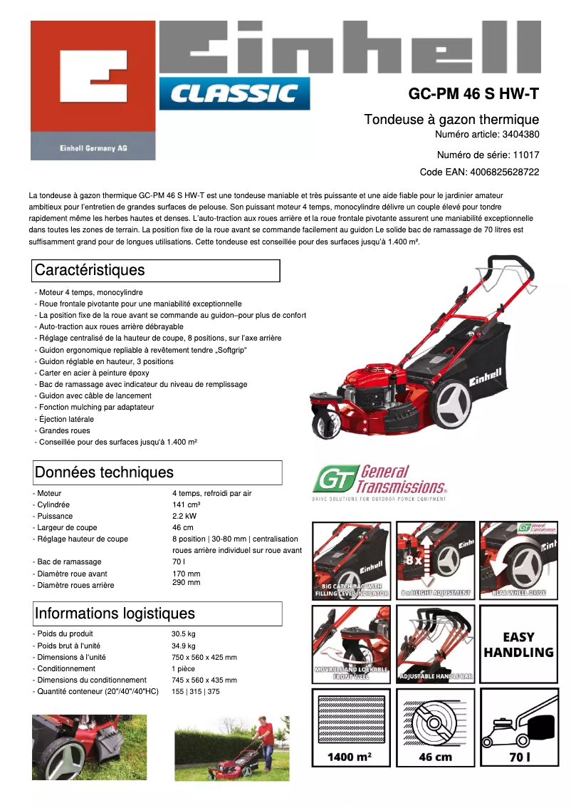 Page 1 de la notice Fiche technique Einhell GC-PM 46 S HW-T