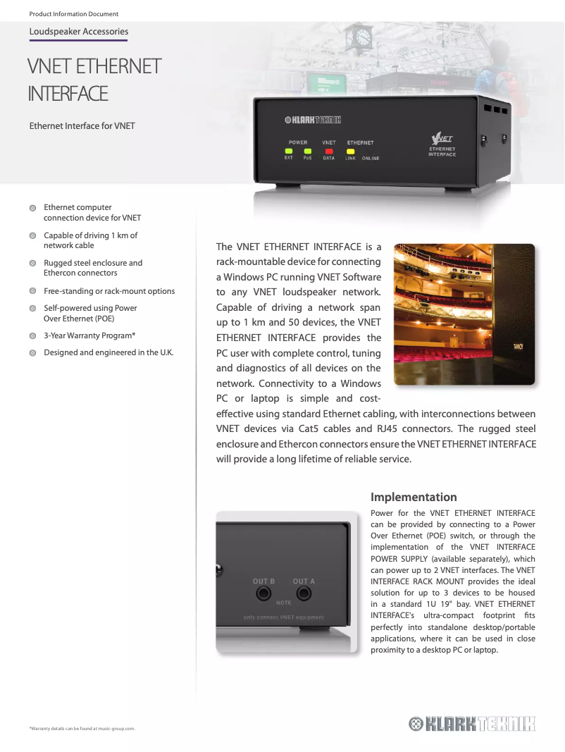 Page n°1 - Fiche technique Klark Teknik Vnet Ethernet Interface