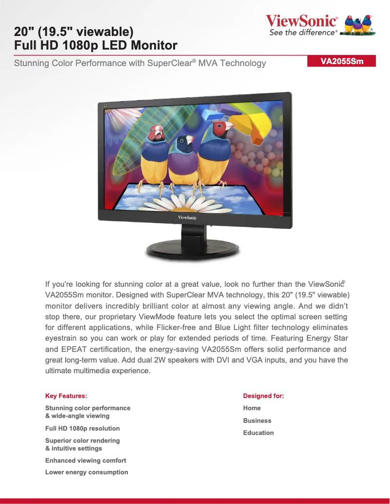 Page 1 de la notice Fiche technique Viewsonic VA2055Sm