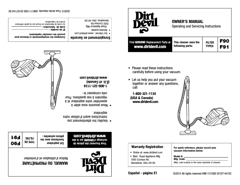 Page 1 de la notice Manuel utilisateur Dirt Devil Dash SD40050B