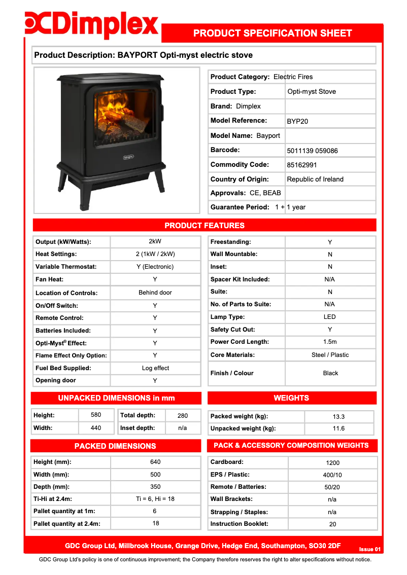 Page 1 de la notice Fiche technique Dimplex BYP20