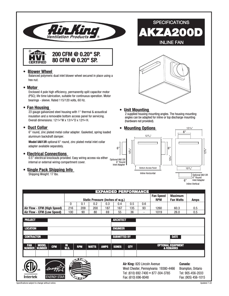 Page 1 de la notice Fiche technique Air King AKZA200D