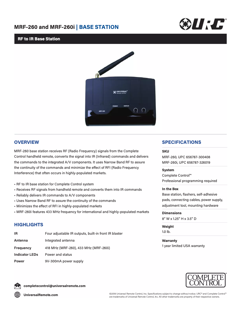Page 1 de la notice Fiche technique Universal Remote Control MRF-350