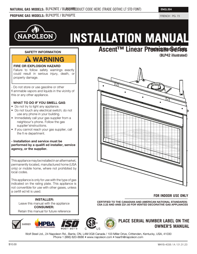 Page n°1 - Manuel utilisateur Napoleon Ascent Linear Premium 46