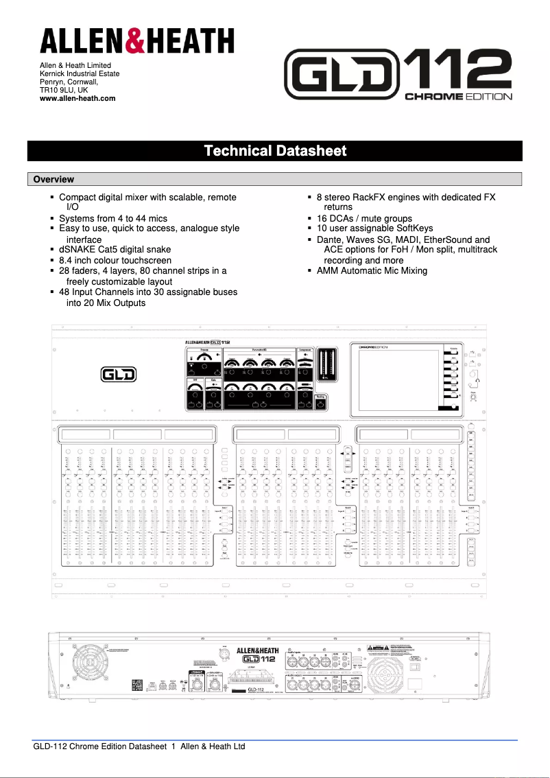 Page 1 de la notice Fiche technique Allen & Heath GLD-112