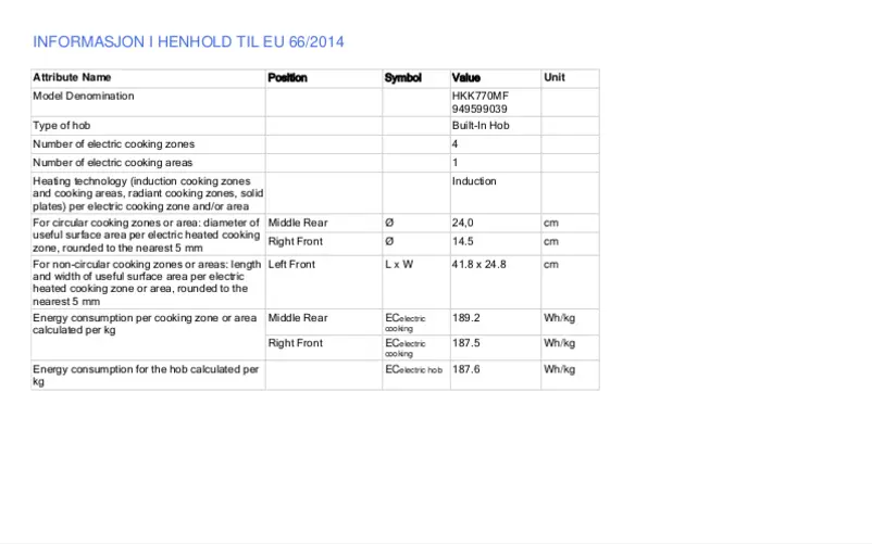 Page 1 de la notice Fiche technique Electrolux HKK770MF