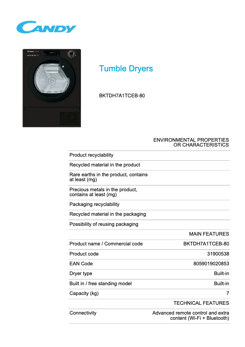 Page 1 de la notice Fiche technique Candy BKTDH7A1TCEB-80