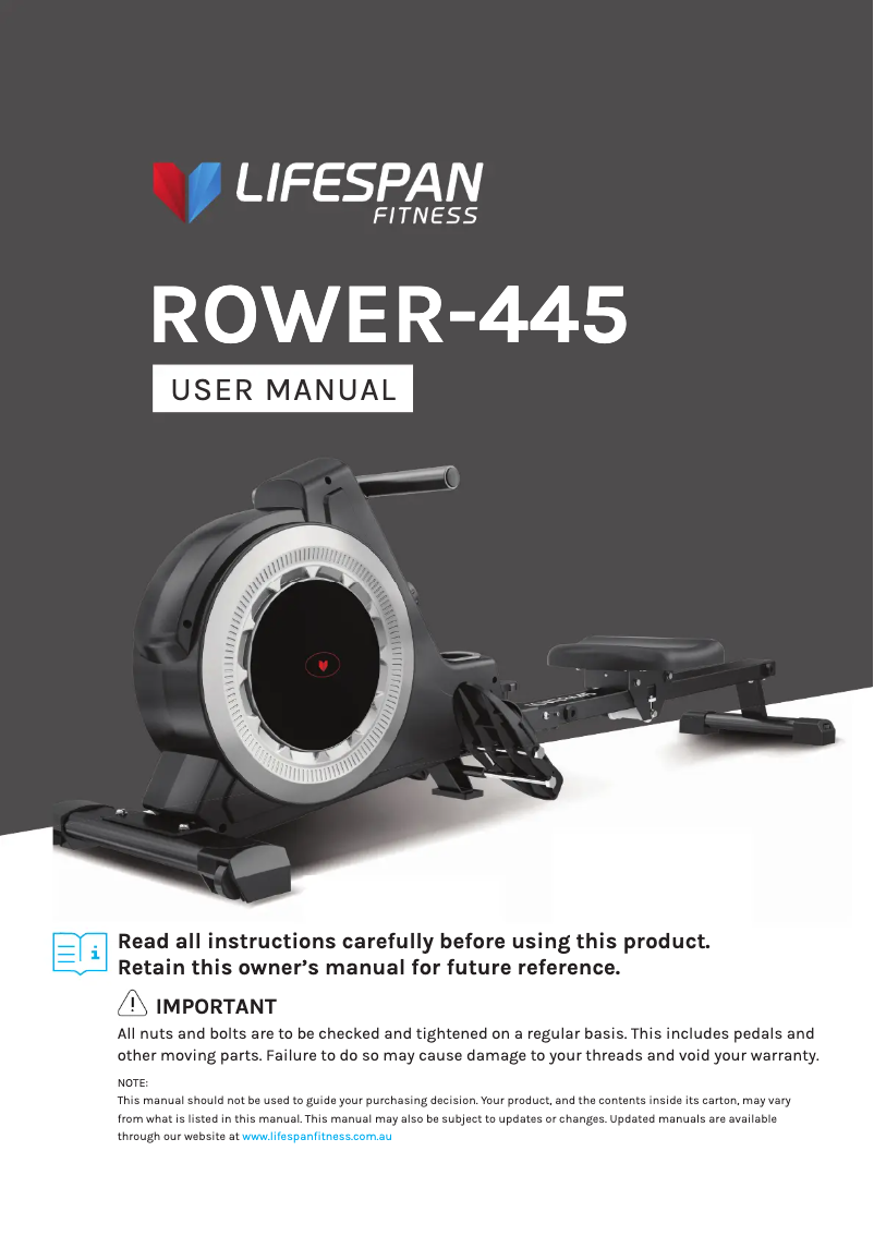 Page n°1 - Manuel utilisateur LifeSpan ROWER-445