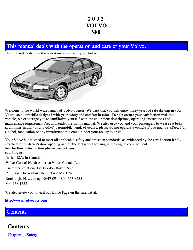Page 1 de la notice Manuel utilisateur Volvo S80 (2002)