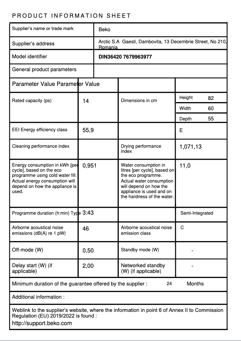 Page 1 de la notice Fiche technique Beko DIN36420