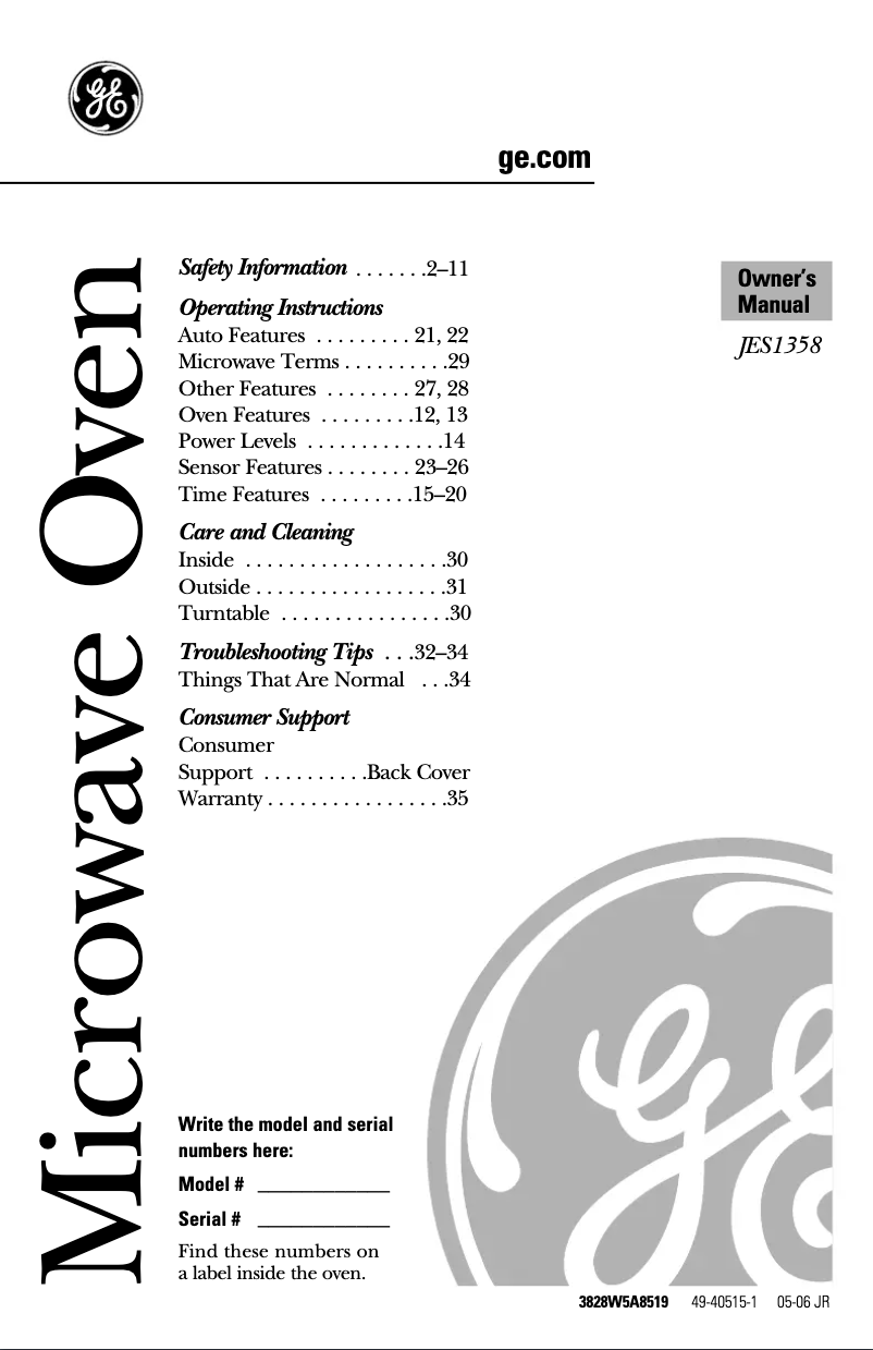 Page n°1 - Manuel utilisateur GE JES1358WL