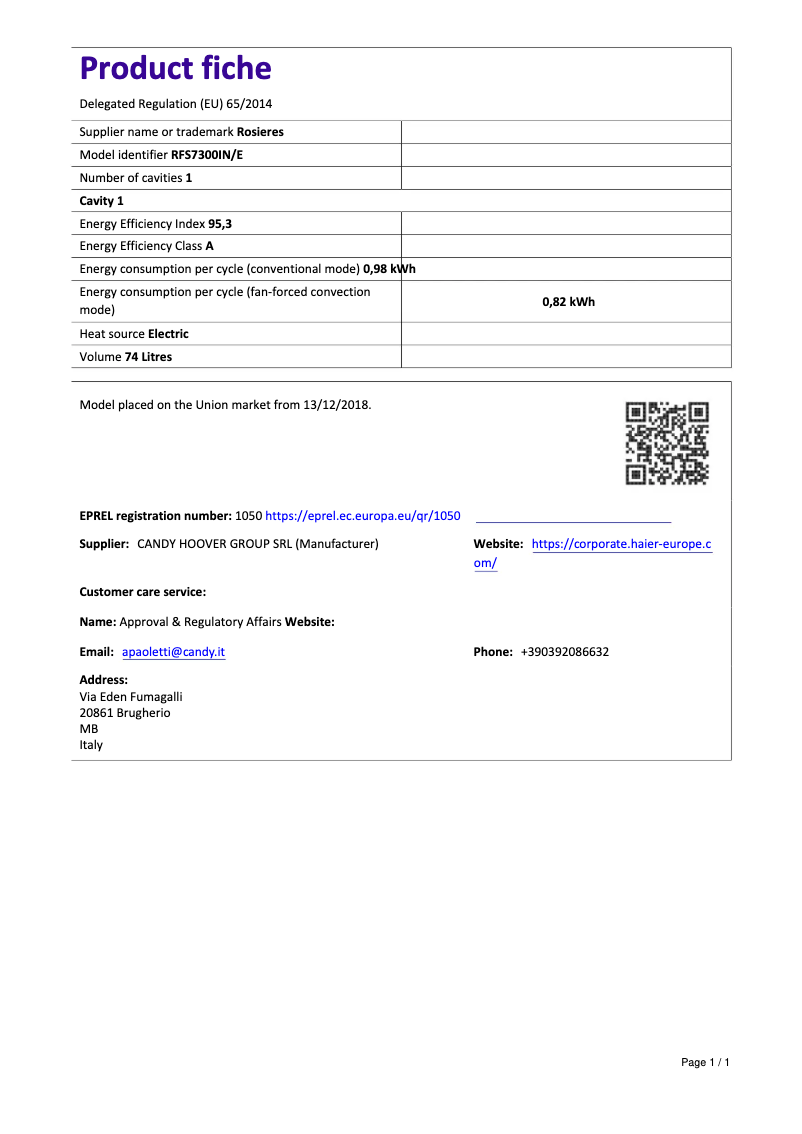 Page 1 de la notice Fiche technique Rosieres RFS 7300 IN/E