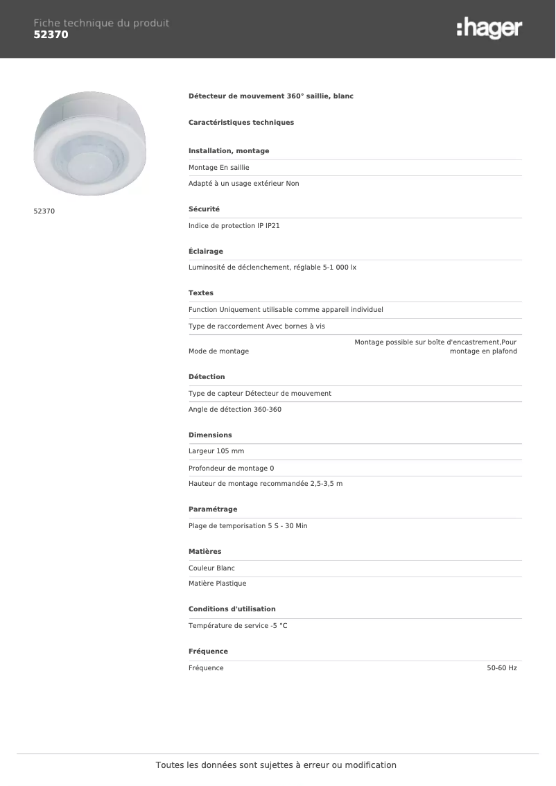 Page 1 de la notice Fiche technique Hager 52370