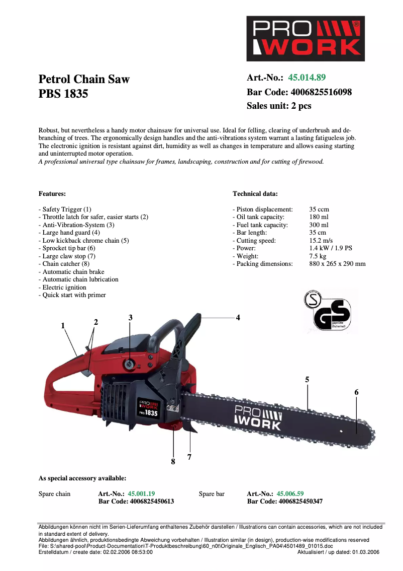 Page n°1 - Manuel utilisateur Prowork PBS 1835