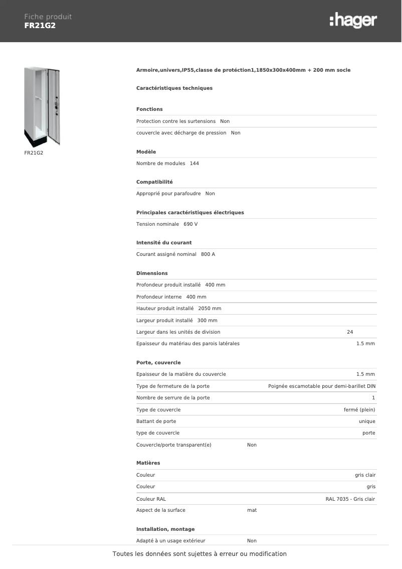 Page 1 de la notice Fiche technique Hager FR21G2